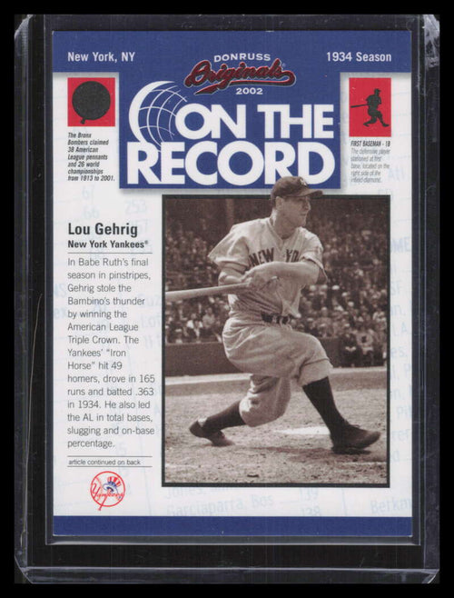 2002 Donruss Originals On The Record 3 Lou Gehrig 69/800