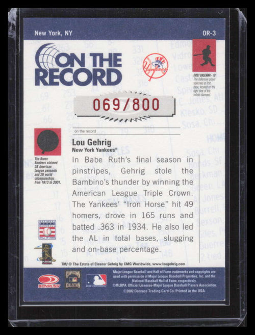 2002 Donruss Originals On The Record 3 Lou Gehrig 69/800