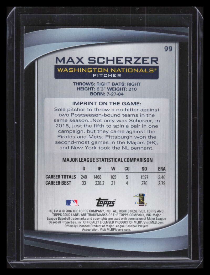 2016 Topps Gold Label Class 1 Red 99 Max Scherzer 44/100