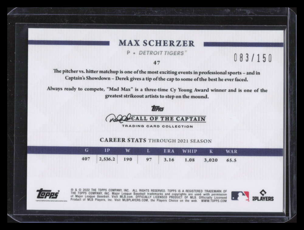 2022 Topps X Derek Jeter Call of the Captain Sky Blue 47 Max Scherzer 83/150