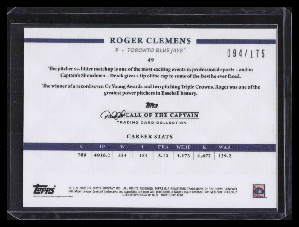 2022 Topps X Derek Jeter Call of the Captain Navy 49 Roger Clemens 94/175