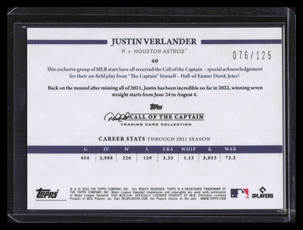 2022 Topps X Derek Jeter Call of the Captain Black 40 Justin Verlander 76/125
