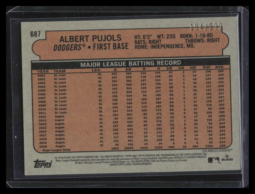 2021 Topps Heritage Chrome 687 Albert Pujols 184/999