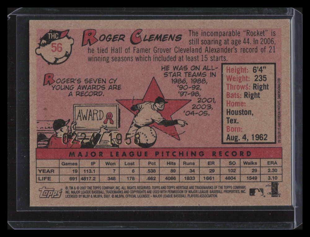 2007 Topps Heritage Chrome thc56 Roger Clemens 224/1958