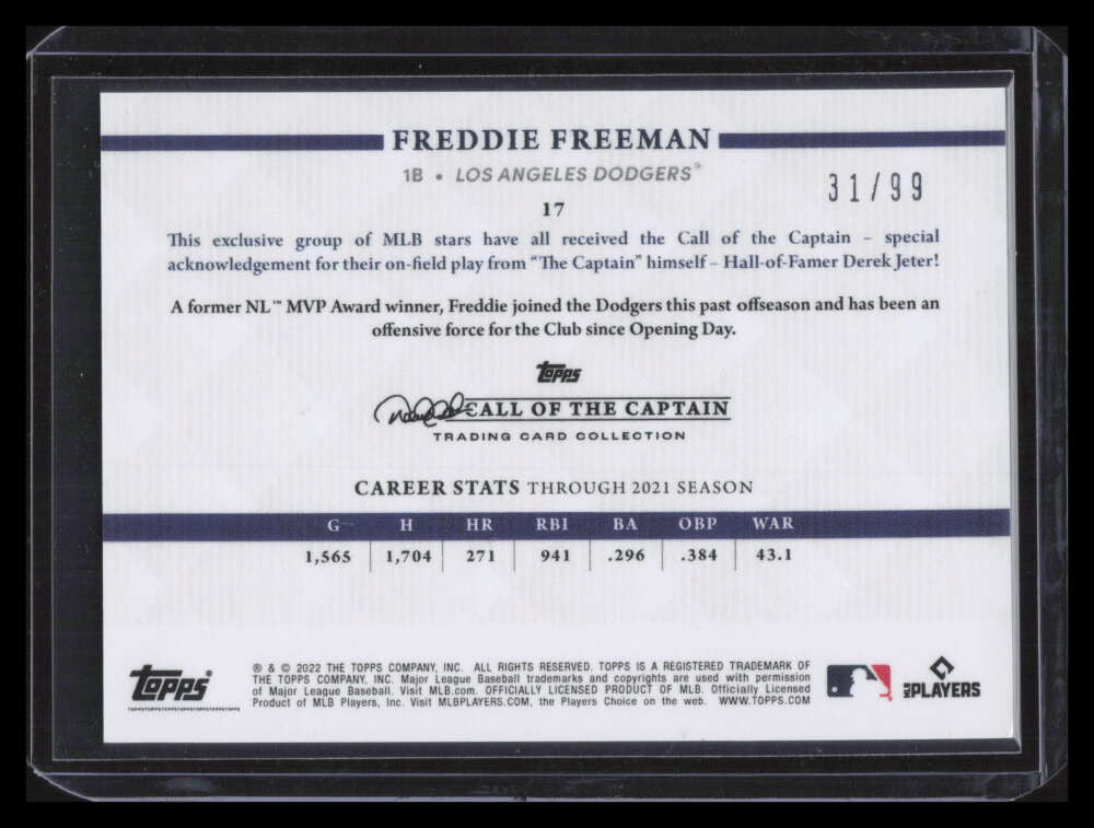 2022 Topps X Derek Jeter Call of the Captain Silver 17 Freddie Freeman 31/99