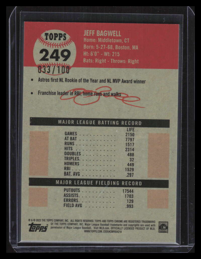 2022 Topps Chrome Platinum Red Atomic Refractor 249 Jeff Bagwell 33/100