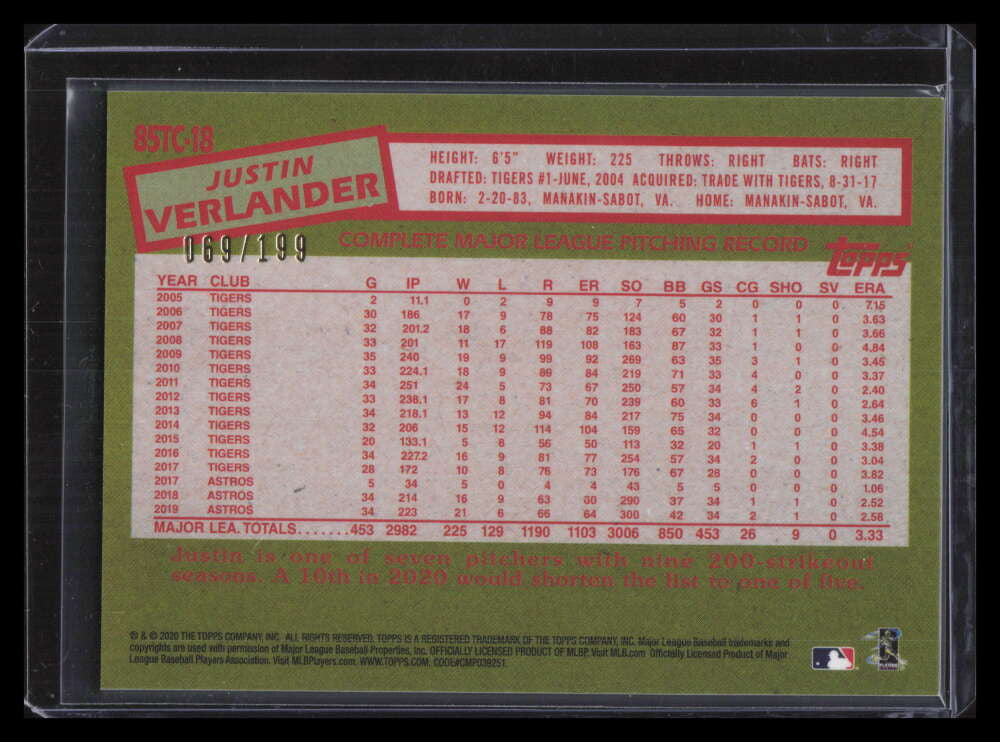 2020 Topps '85 Silver Pack Chrome Black Refractor 85tc18 Justin Verlander 69/199