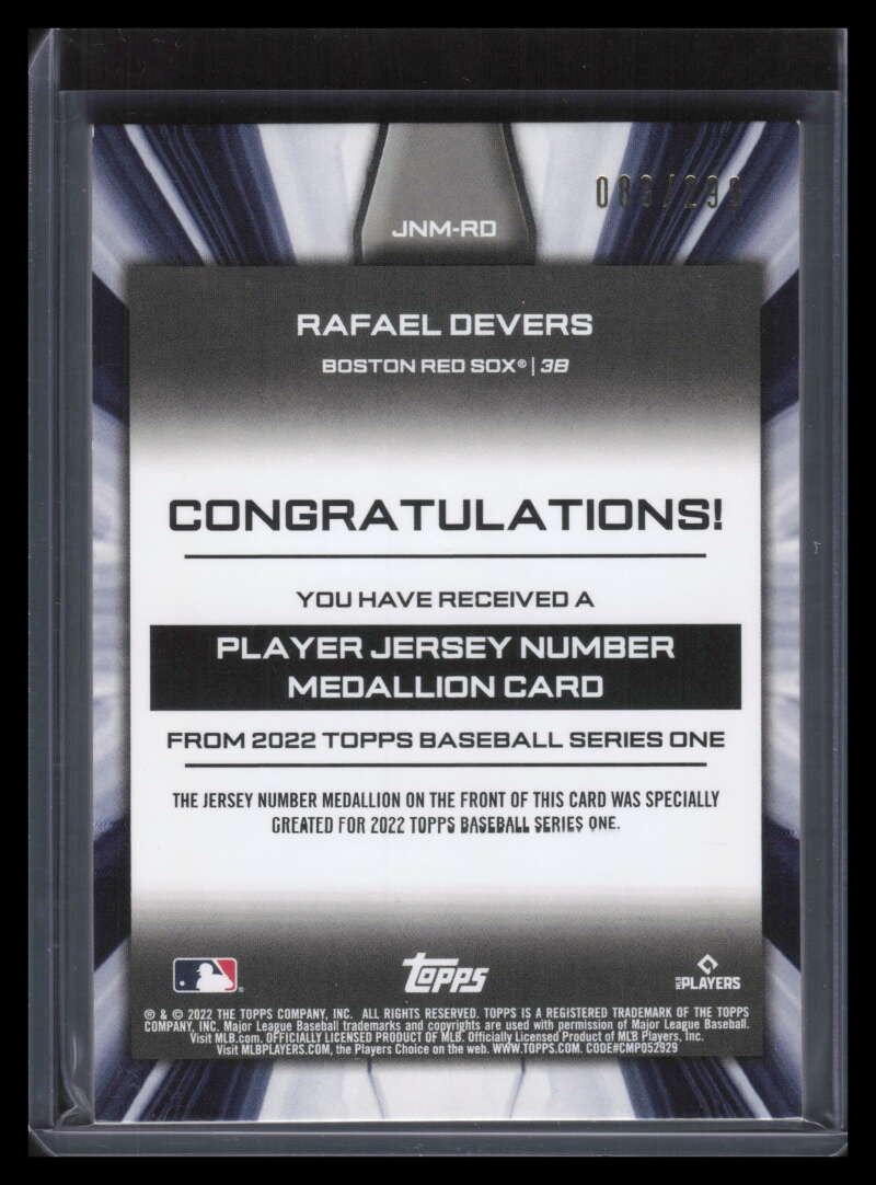 2022 Topps Player Jersey Number Medallions Black Rafael Devers Patch 88/299