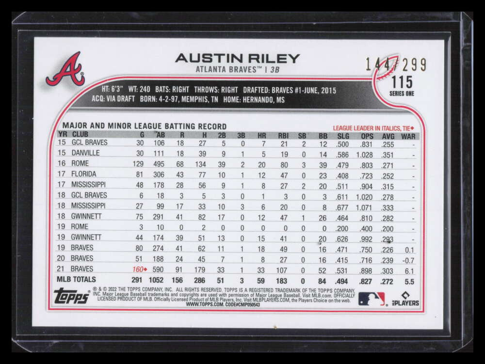 2022 Topps Orange Foilboard 115 Austin Riley 144/299