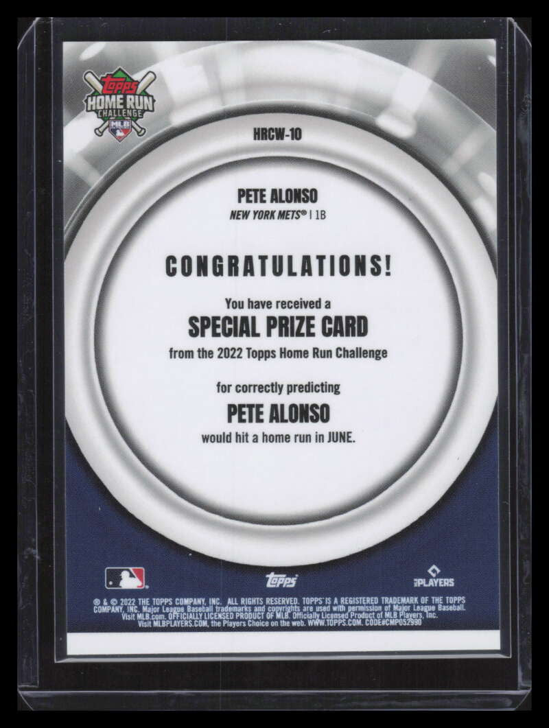 2022 Topps Home Run Challenge Prize Card hrcw10 Pete Alonso 102/264