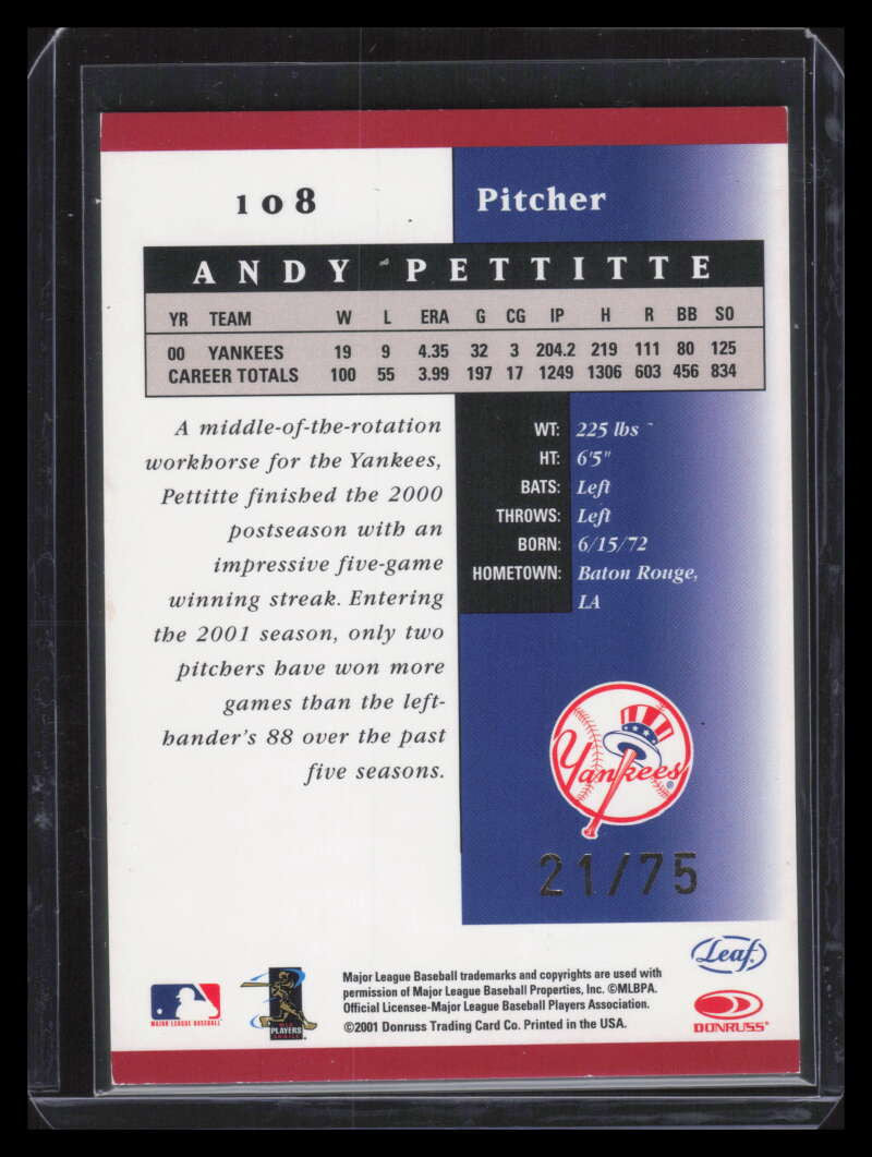 2001 Leaf Certified Materials Mirror Red 108 Andy Pettitte 21/75
