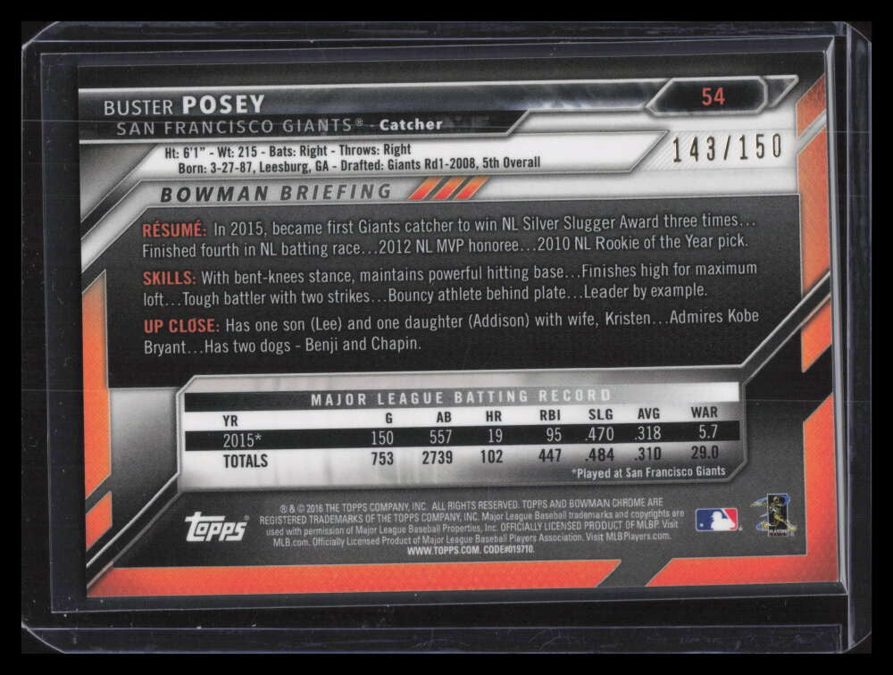 2016 Bowman Chrome Blue Refractor 54 Buster Posey 143/150
