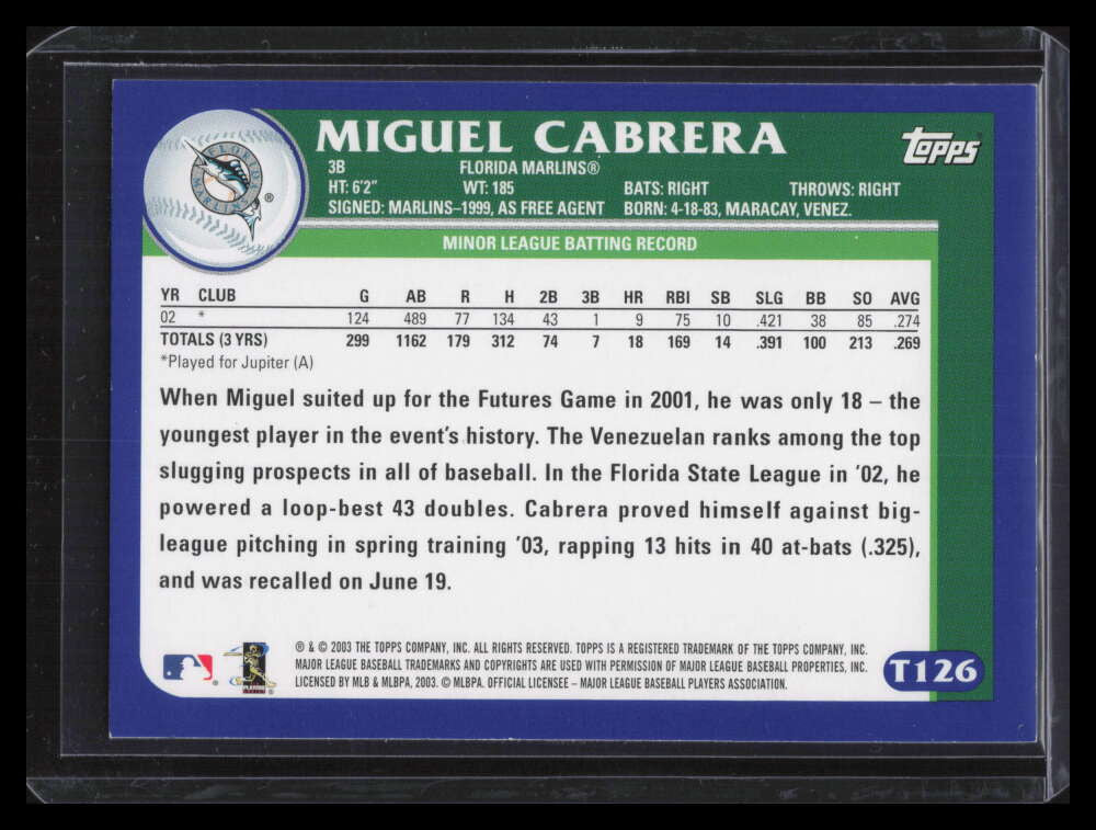2003 Topps Traded t126 Miguel Cabrera PROS Prospect