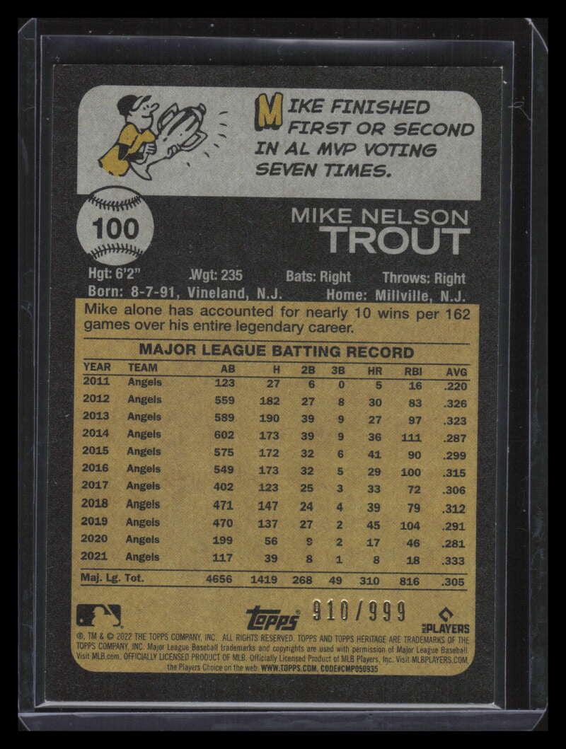 2022 Topps Heritage Chrome 100 Mike Trout 910/999