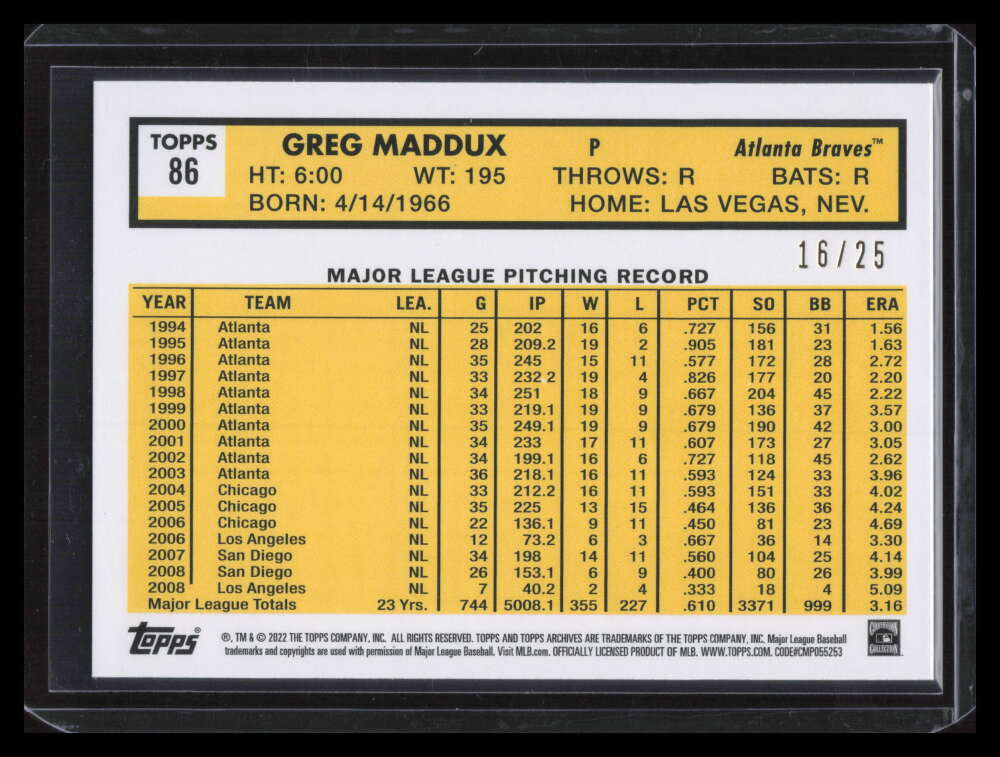 2022 Topps Archives Blue Foil 86 Greg Maddux 16/25