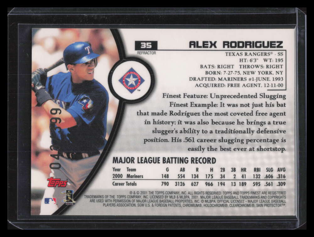 2001 Finest Refractor 35 Alex Rodriguez 43/399 SP