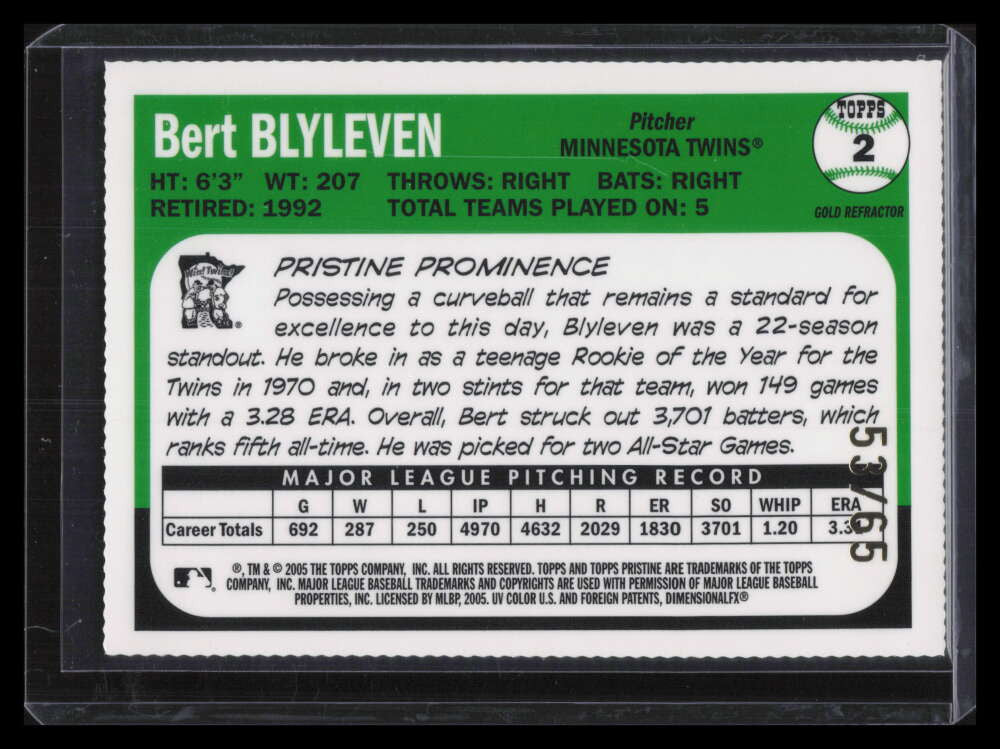 2005 Topps Pristine Legends Gold Die Cut Refractor 2 Bert Blyleven 53/65