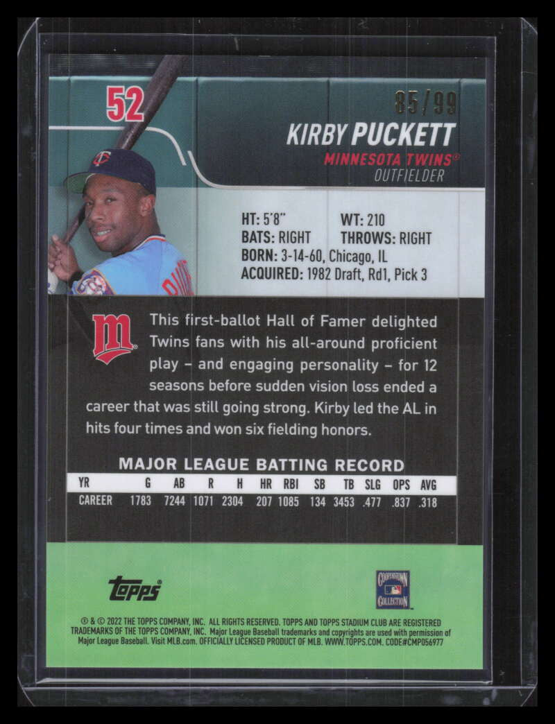 2022 Stadium Club Chrome Green Refractor 52 Kirby Puckett 85/99