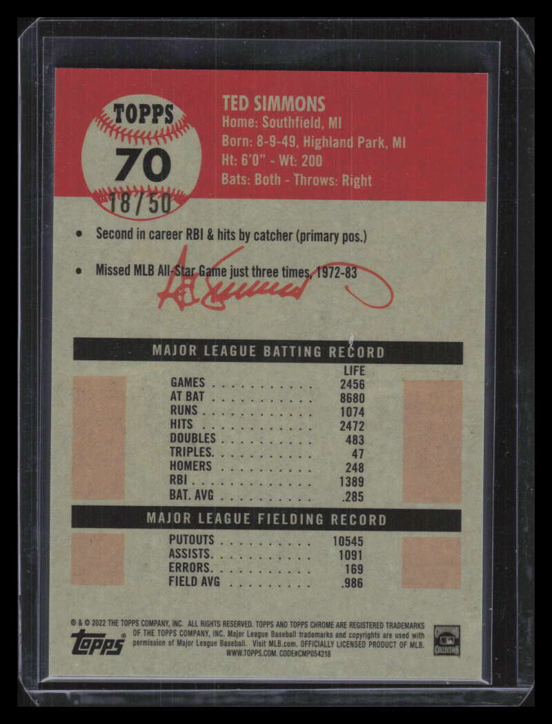 2022 Topps Chrome Platinum Anniversary Gold Wave Refractor 70 Ted Simmons 18/50