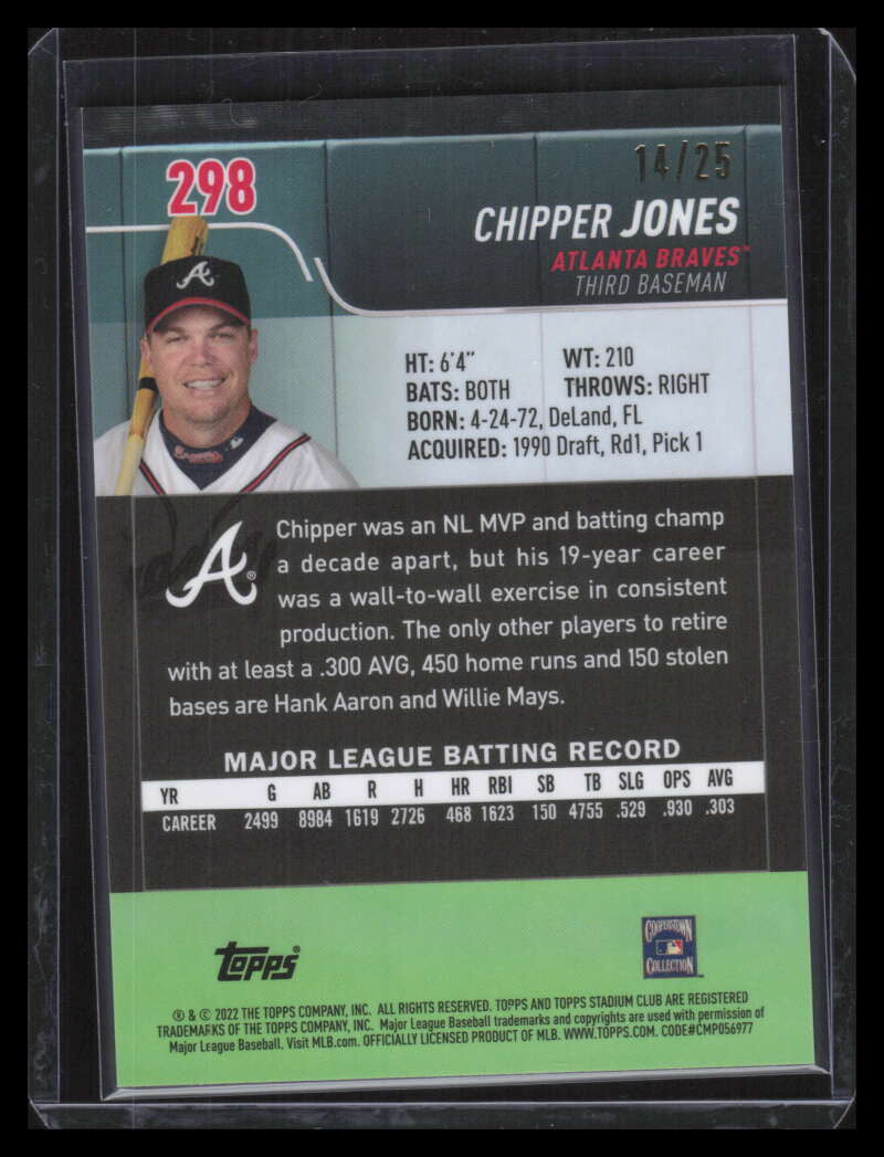 SOLD 134225 2022 Stadium Club Chrome Orange Refractor 298 Chipper Jones 14/25