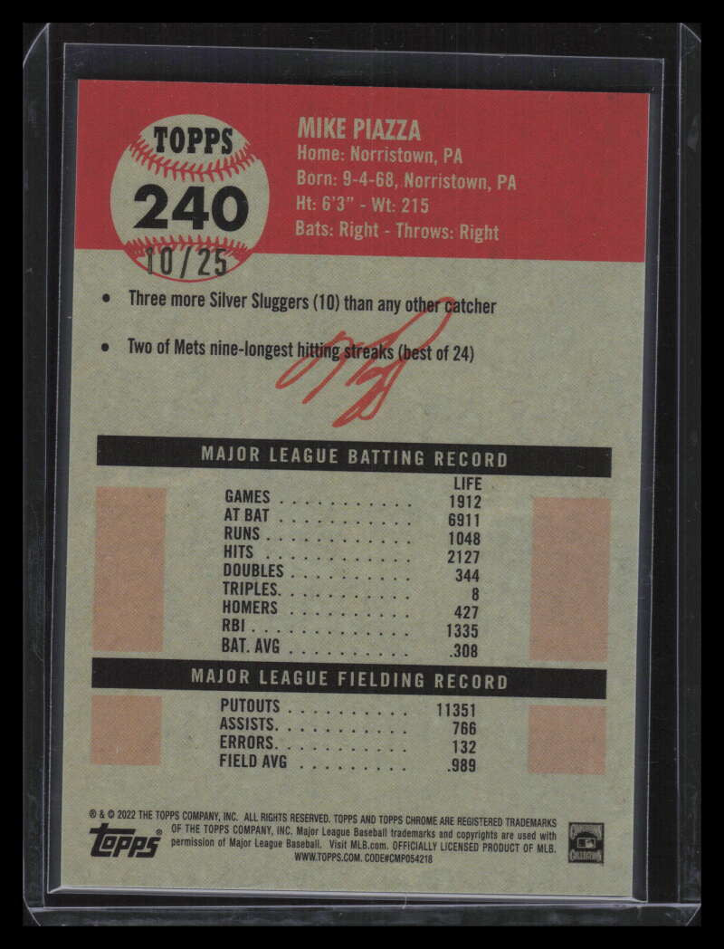 2022 Topps Chrome Platinum Toile White Orange Refractor 240 Mike Piazza 10/25