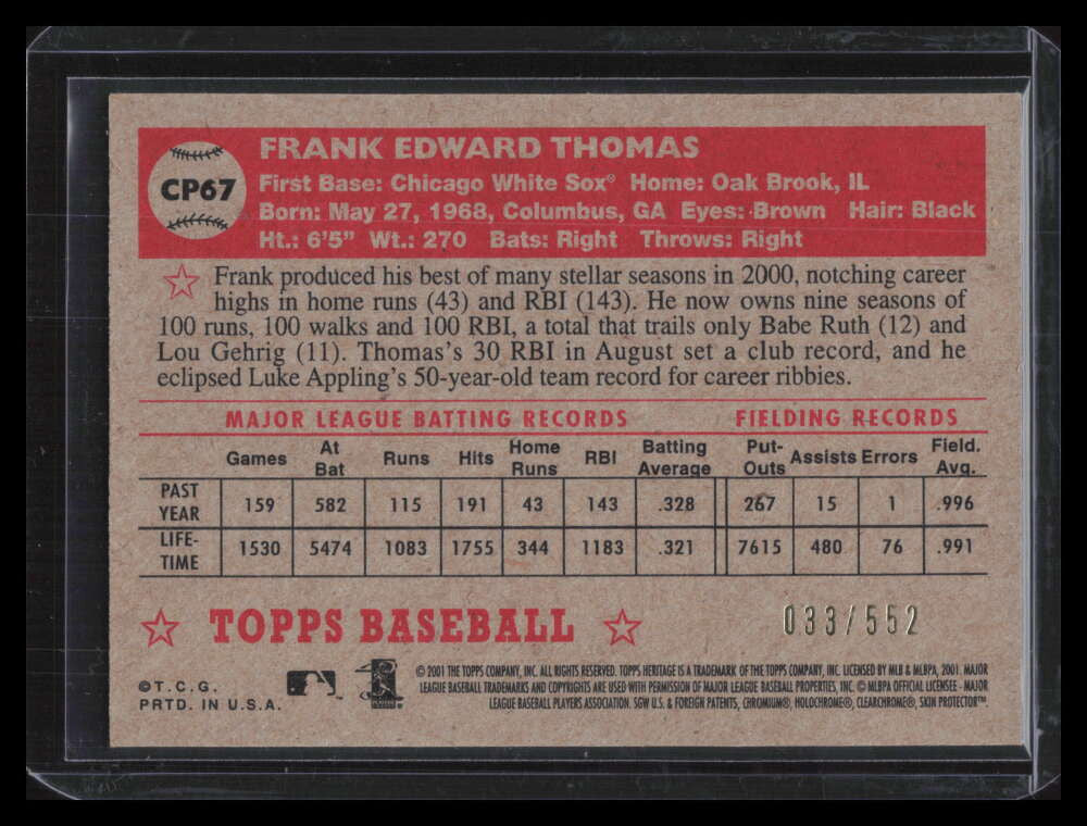 2001 Topps Heritage Chrome cp67 Frank Thomas 33/552