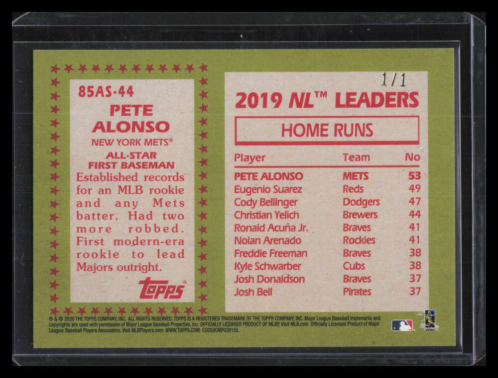 2020 Topps '85 Topps All-Stars Platinum 85as44 Pete Alonso 1/1