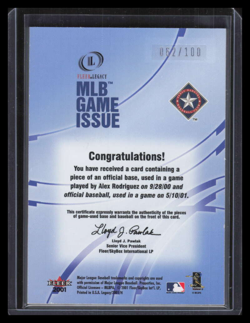 2001 Fleer Legacy MLB Game Issue Base-Ball Alex Rodriguez Dual Ball Base 62/100
