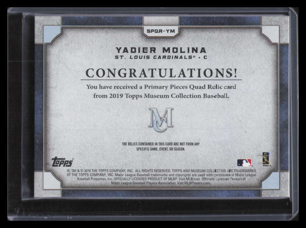 SOLD 134386 2019 Topps Museum Primary Pieces Quad Relics Yadier Molina Quad Jersey 50/99