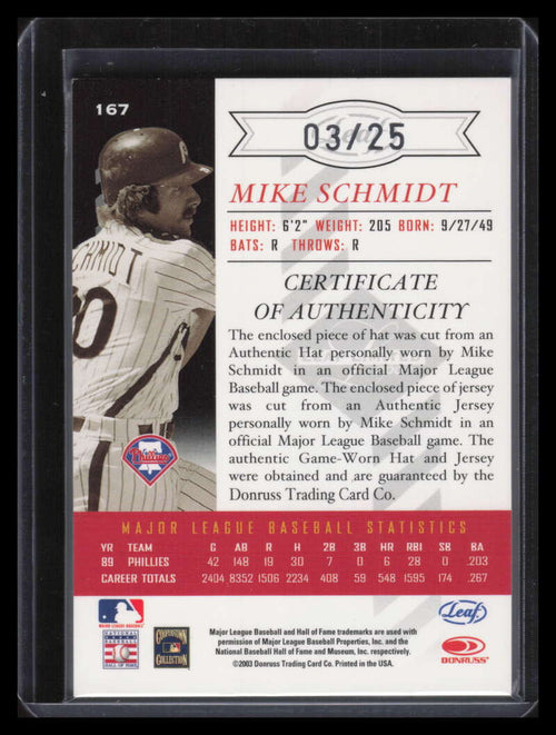 2003 Leaf Limited Threads Double 167 Mike Schmidt Dual Jersey Hat 3/25