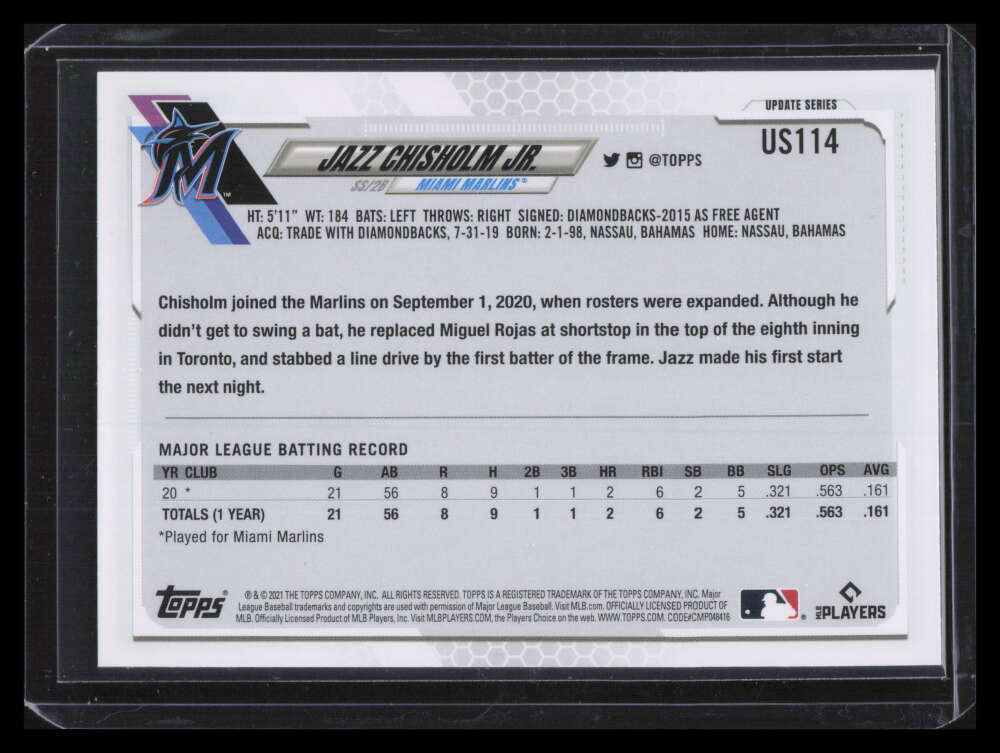 2021 Topps Update Photo Variations us114 Jazz Chisholm Jr. Blue Jacket Rookie SP