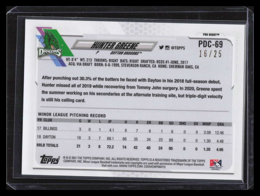 SOLD 134444 2021 Topps Pro Debut Chrome Orange Refractor pdc69 Hunter Greene Rookie 16/25