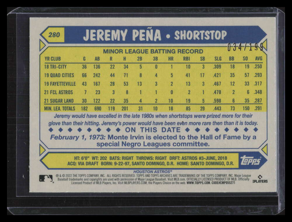 2022 Topps Archives Rainbow Foil 280 Jeremy Pena Rookie 34/199