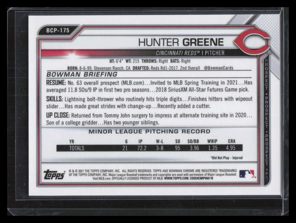 2021 Bowman Chrome Sapphire Orange Refractor bcp175 Hunter Greene Rookie 67/75