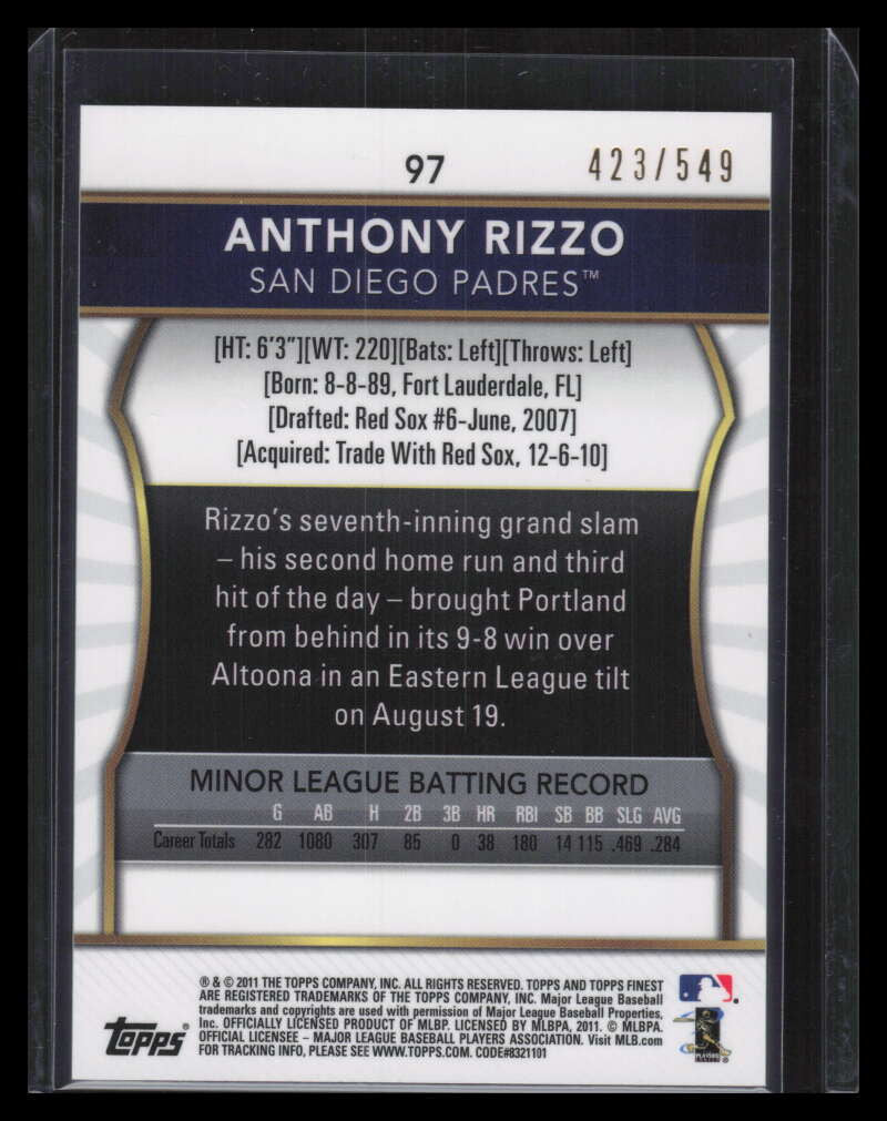 2011 Finest Refractor 97 Anthony Rizzo Rookie 423/549