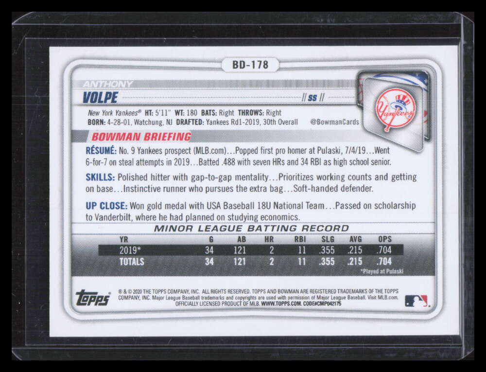 2020 Bowman Draft Blue bd178 Anthony Volpe Rookie 141/150