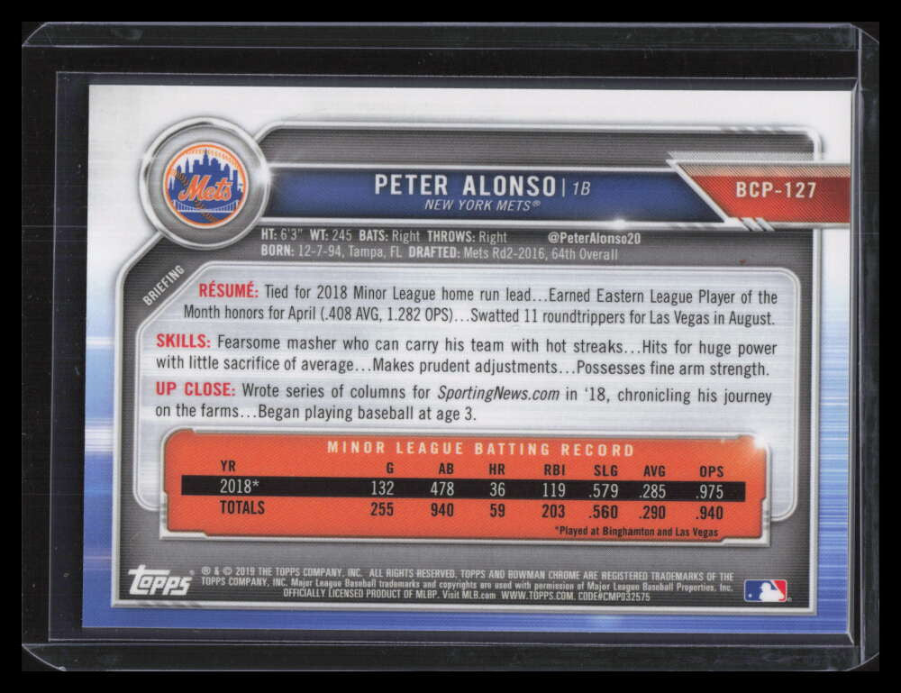 2019 Bowman Chrome Prospects Yellow Refractor bcp127 Pete Alonso Rookie 29/75
