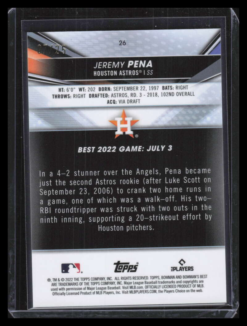 2022 Bowman's Best Orange Refractor 26 Jeremy Pena Rookie 7/25