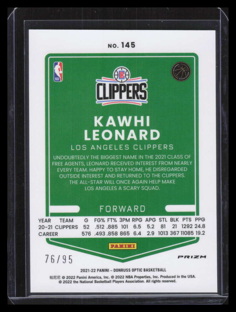 2021-22 Donruss Optic Fast Break Purple Refractor 145 Kawhi Leonard 76/95