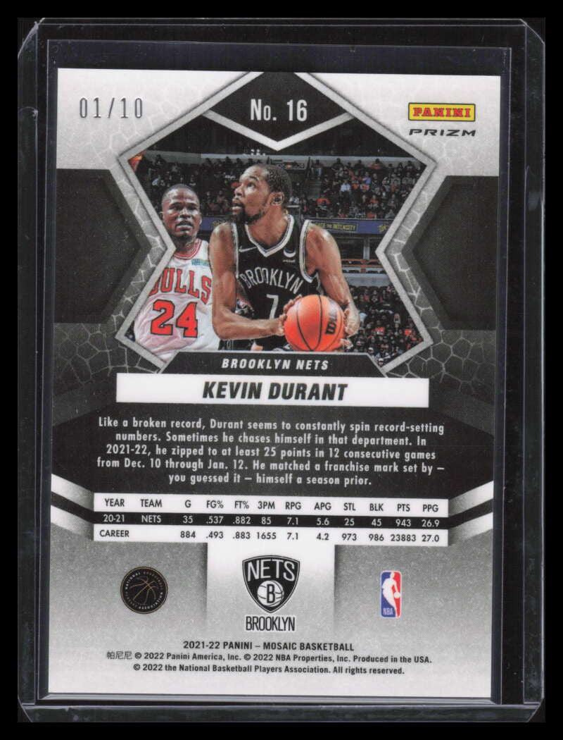 2021-22 Panini Mosaic Mosaic Gold Refractor 16 Kevin Durant 1/10