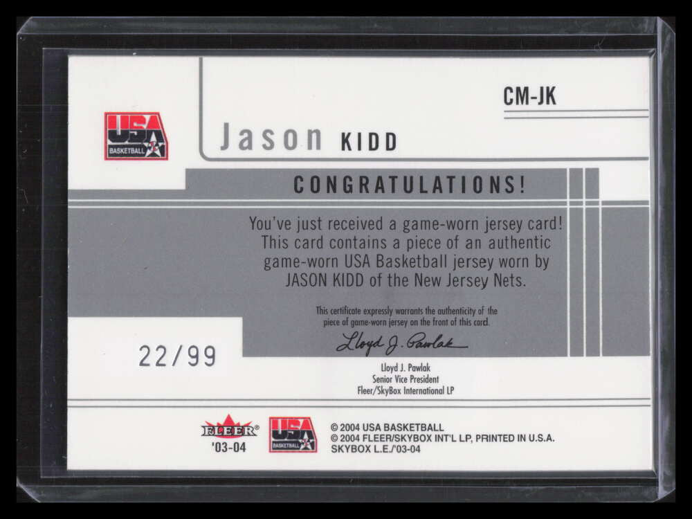 2003-04 SkyBox LE Championship MettLE RGJK Jason Kidd USA Patch 22/99