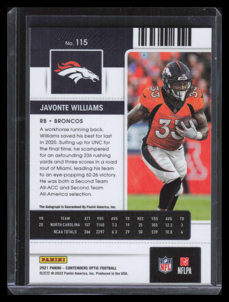 2021 Panini Contenders Optic 115 Javonte Williams Rookie Auto