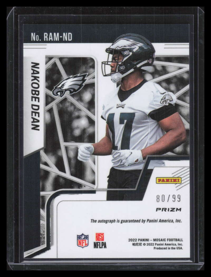2022 Panini Mosaic Autographs Mosaic Blue 95 Nakobe Dean Rookie Auto 80/99