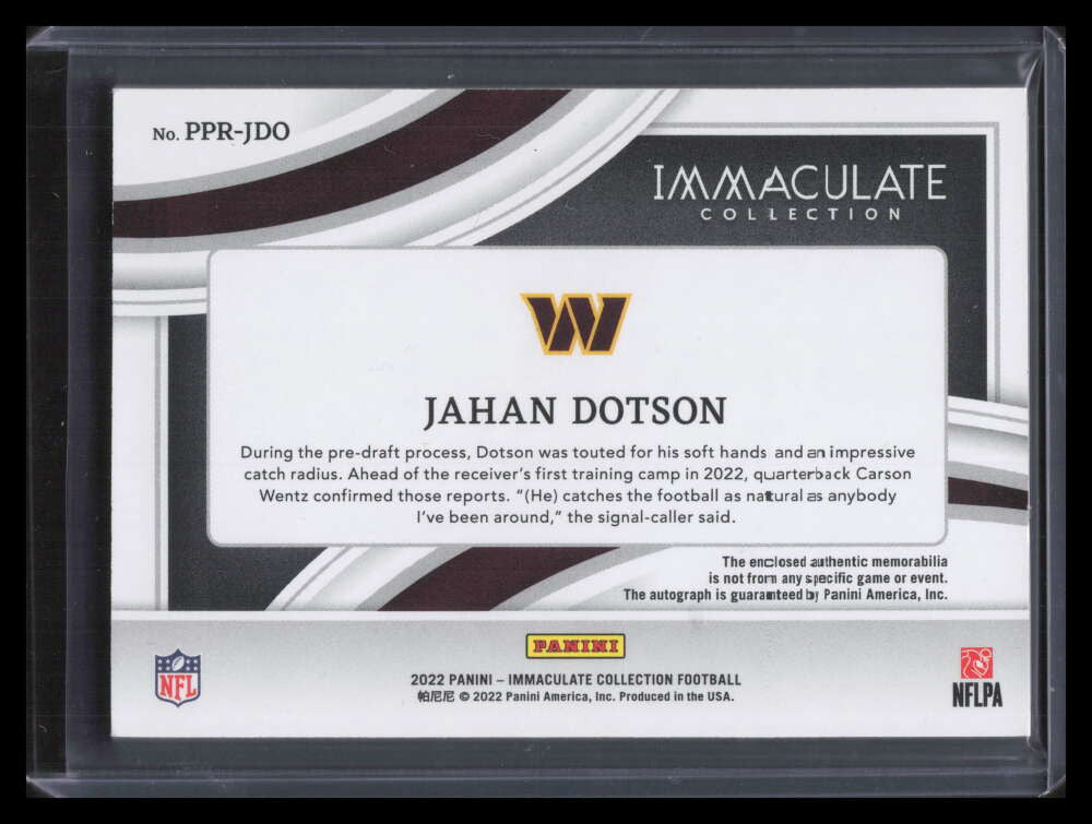2022 Immaculate Premium Autographs 9 Jahan Dotson Rookie Patch Auto 25/99
