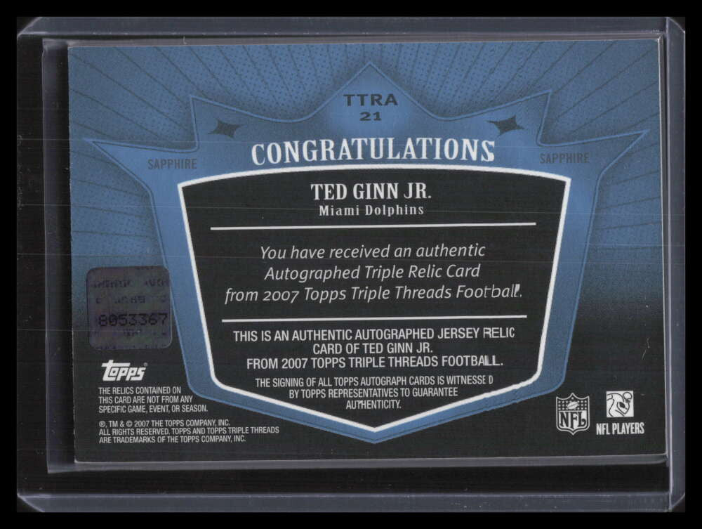 2007 Topps Triple Threads Autographed Sapphire Ted Ginn Rookie Jersey Auto 2/3