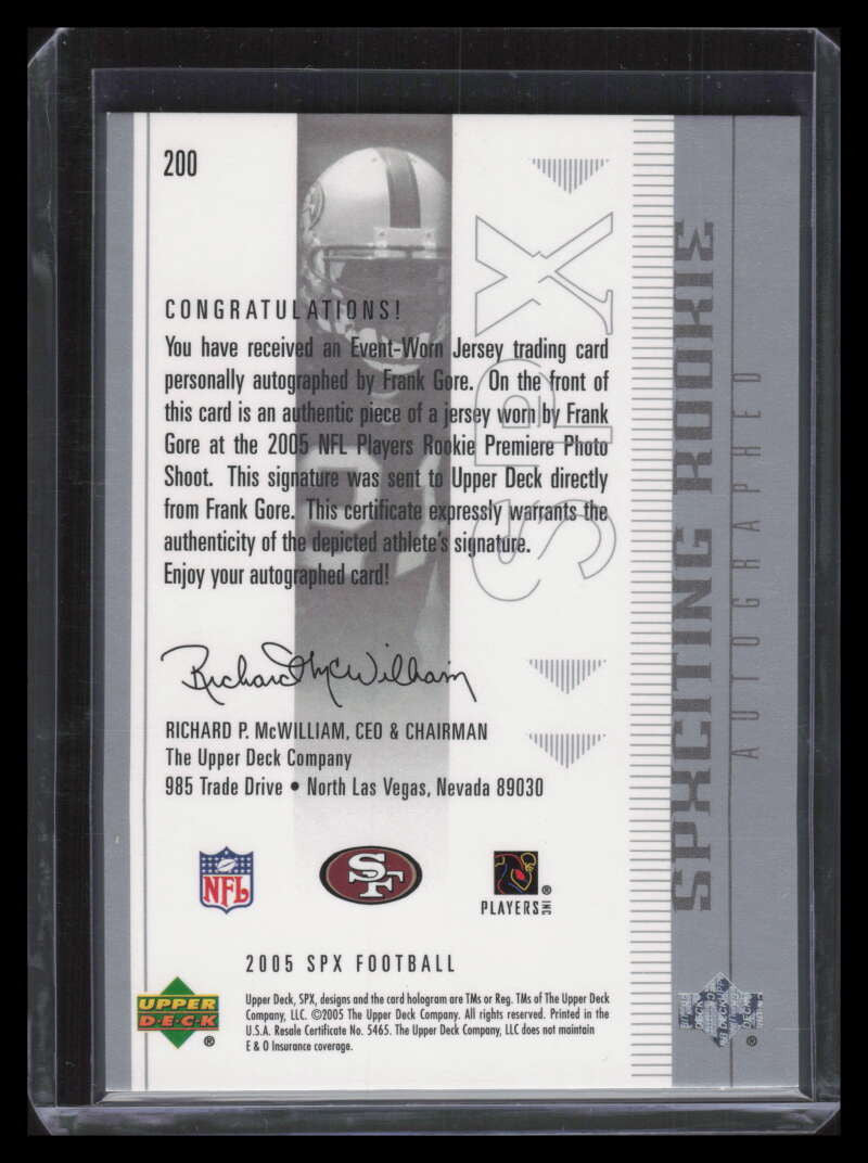 2005 SPx 200b Frank Gore Rookie Jersey Auto 619/1275