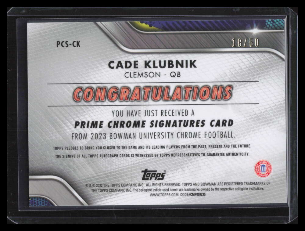 2022 Bowman Chrome University Prime Signatures Cade Klubnik Rookie Auto 18/50