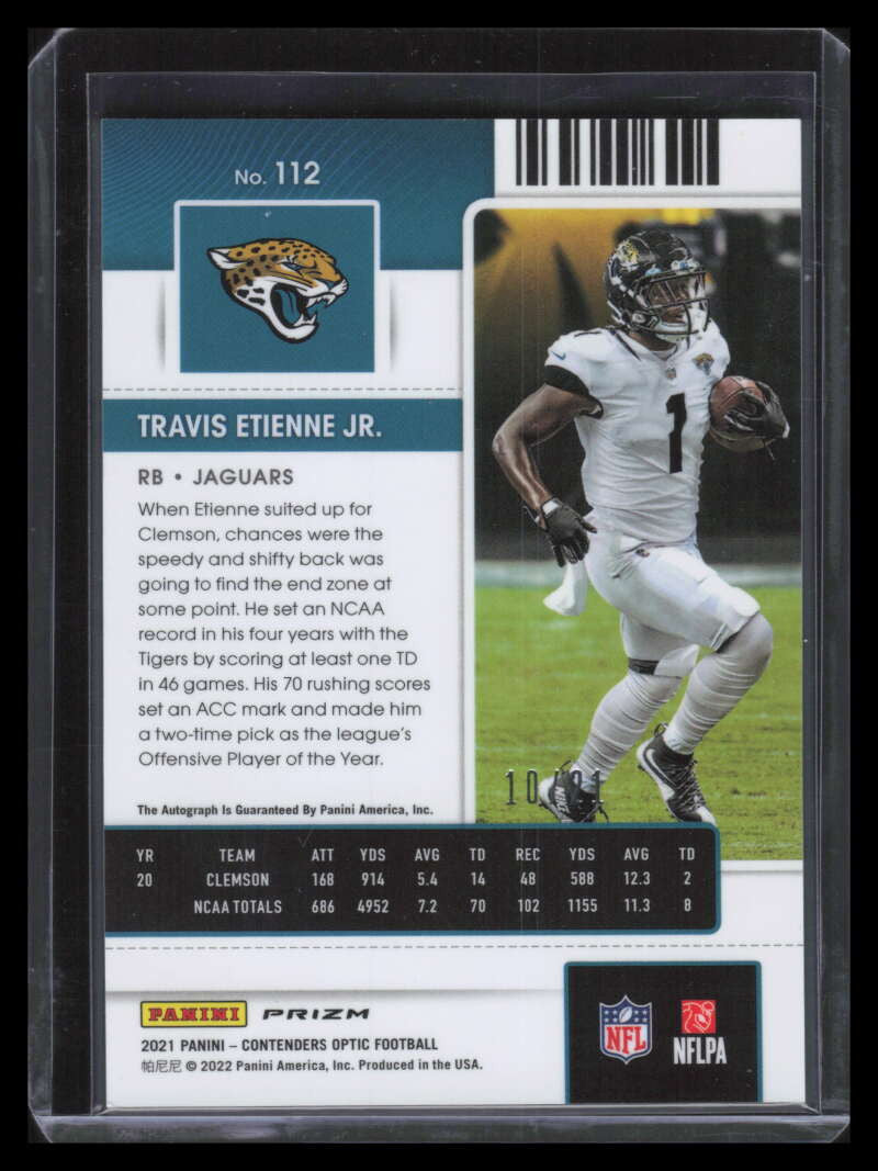 2021 Panini Contenders Optic Purple Pulsar 112 Travis Etienne Rookie Auto 10/21