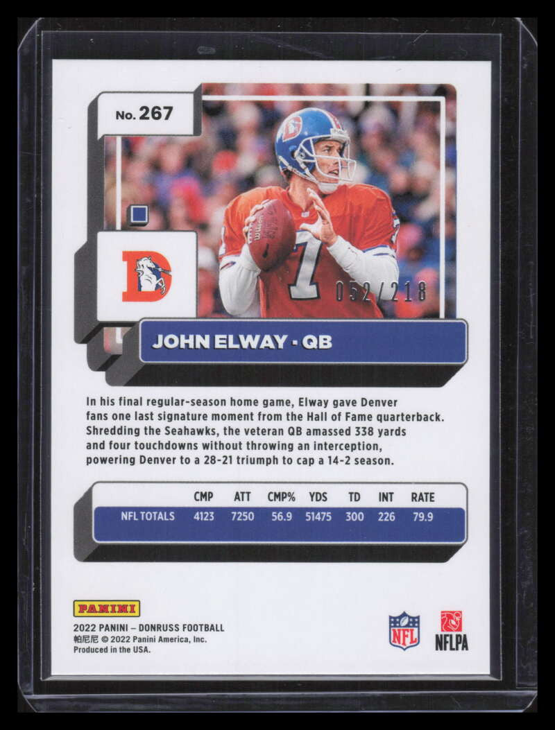 2022 Donruss Season Stat Line 267 John Elway 52/218