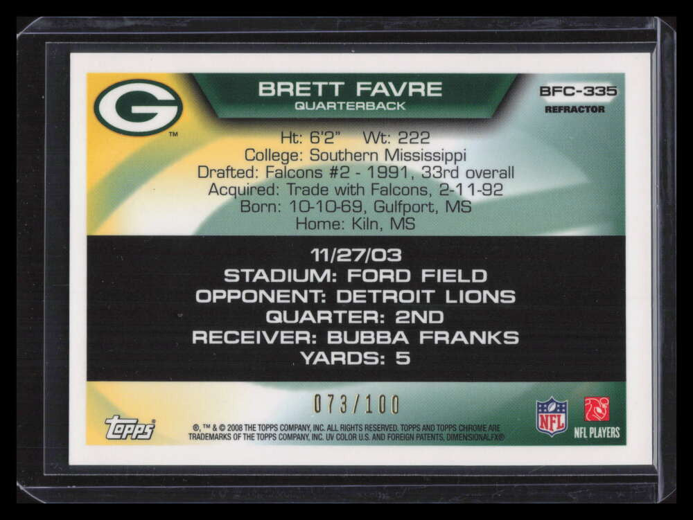 2008 Topps Chrome Collection White Refractor bf335 Brett Favre 73/100 Flight 420